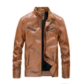 Men's brown slim-fit PU leather jacket with quilted shoulders and stand-up collar - M / Brown