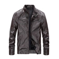 Men's dark brown PU leather motorcycle jacket with warm fleece lining and four zip pockets - M / Coffee