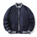 Navy blue flight bomber jacket with white striped rib-knit trim and silver snap buttons - S / Dark Blue