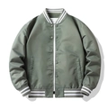 Men's sage green nylon bomber flight jacket with white striped ribbing and snap buttons - S / Light Green