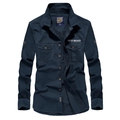 Navy blue men's cotton long sleeve tactical shirt with double chest pockets and outdoor style - Navy Blue