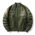 Olive green bomber jacket featuring intricate American Indian theme embroidery and satin finish - M / Army Green