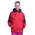 Women's outdoor jacket with red and gray contrast, featuring hooded waterproof material - M / Women's Red Patchwork