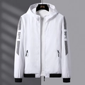 White hooded sun protection jacket with contrast black ribbed hem and SUPE sleeve print - M / White