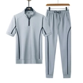 Herren Sportanzug zweiteilig in Grau mit Stehkragen Poloshirt und langer Trainingshose Set - L / Grau
