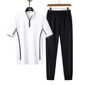 Herren Sport-Set bestehend aus weißem Halb-Reißverschluss Polo und schwarzer Jogginghose - L / Weiß
