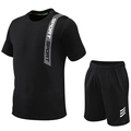 Men's quick-dry black sports suit with short sleeve T-shirt and shorts for fitness - M / Black