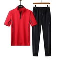 Herren Sommer Trainingsanzug mit rotem Reißverschluss-Poloshirt und schwarzer Jogginghose - L / Rot