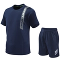 Men's navy quick-dry sports set with breathable mesh t-shirt and drawstring shorts - Navy Blue