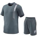 Men's quick-dry sport set with grey T-shirt and shorts featuring white stripe details - M / Gray