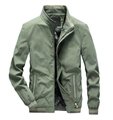 Men's casual olive green windbreaker jacket with stand collar and ribbed striped cuffs - M / Bean Green