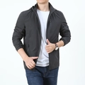 Casual men's dark grey hooded windbreaker jacket with zipper pockets and stretch fabric - M / Gray