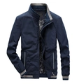 Men's navy business casual jacket with striped ribbed trim and sleek stand collar - M / Dark Blue