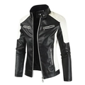 Men's slim fit PU leather motorcycle jacket with color block design and stand collar - Unlined / M / Black
