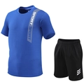 Men's summer sport set featuring blue quick-dry t-shirt and black athletic shorts - Light Blue