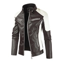 Men's slim fit faux leather jacket with stand collar and white contrast panels - Unlined / M / Coffee