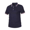 Navy blue short sleeve polo shirt for men with red and white striped collar and cuffs - S / Dark Blue