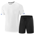 Men's two-piece sports set with white short sleeve T-shirt and black quick-dry shorts - M / White