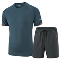 Men's two-piece sports set with breathable blue T-shirt and grey quick-dry shorts - Deep Blue