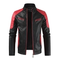 Slim fit black and red contrast PU leather motorcycle jacket with stand collar and zipper - Unlined / M / Red