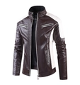 Détail de veste biker en similicuir avec col montant et panneaux blancs contrastants - M / Marron