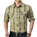 Camicia da uomo a maniche lunghe a quadri kaki con doppie tasche sul petto stile casual - M / Cachi