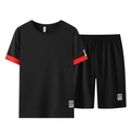 Schwarzes Herren-Set aus T-Shirt und Kordelzug-Shorts mit roten Akzenten am Ärmel - M / Schwarz