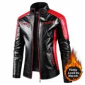 Men's slim fit PU leather jacket with warm fleece lining and red contrast details - 4XL / Fleece Lined / Red