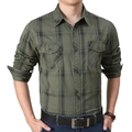 Camicia scacchi uomo maniche lunghe verde oliva con due tasche sul petto stile casual - M / Verde Militare