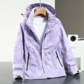 Women's purple geometric camouflage jacket with waterproof hood and zipper pockets - M / Women's Purple
