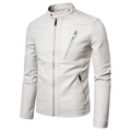 Hellgraue Herren-Bikerjacke aus Leder mit Stehkragen und gesteppter Schulterpartie - M / Weiß