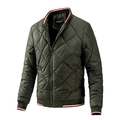 Men's olive green quilted bomber jacket with stylish striped ribbed cuffs and hem - M / Green