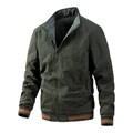 Men's dark green bomber jacket with high-collar and striped ribbed cuffs on white background - M / Green