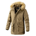Parka lungo da uomo kaki con cappuccio in pelliccia sintetica e coulisse in vita - M / Cachi