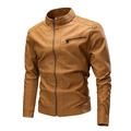 Men's slim fit faux leather jacket in camel brown with stand collar and quilted shoulders - M / Khaki Thin