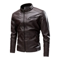 Men's dark brown faux leather motorcycle jacket with stand collar and quilted shoulders - M / Coffee Thin