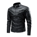 Men's black faux leather motorcycle jacket with stand collar and quilted shoulders - M / Black Thin Style