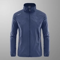 Heren zonwerend jack van donkerblauwe ijszijde met outdoor print en oranje ritsdetails - M / Donkerblauw