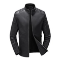 Men's premium black matte leather biker jacket with stand collar and quilted shoulders - M / Black