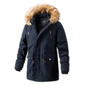 Parka invernale da uomo blu navy con cappuccio in ecopelliccia e coulisse in vita regolabile - M / Blu scuro