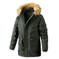 Parka da uomo verde scuro con cappuccio con bordo in ecopelliccia marrone e coulisse in vita - M / Verde Militare