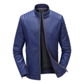 Premium dark blue biker jacket with stand collar and quilted details on shoulders - M / Blue