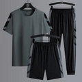 Men's 3-piece sports set with grey t-shirt and black pants in quick-dry fabric - M / Gray - T-Shirt Shorts And Cuffed Pants Set
