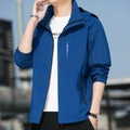 Men's blue waterproof hooded windbreaker jacket with sport logo in a relaxed outdoor fit - M / Blue
