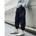 Men's black tactical cargo joggers with multi-pockets and functional ribbon details - M / Black