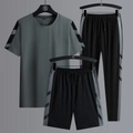 Men's 3-piece grey short sleeve t-shirt with black shorts and joggers sports set - M / Gray - T-Shirt Shorts And Straight Pants Set