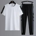 Men's quick-dry sport set featuring a white short-sleeve T-shirt and black joggers - M / White - T-Shirt And Cuffed Pants Set