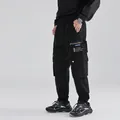 Men's black tactical cargo pants with elastic waist and side pockets in street style - M / Black
