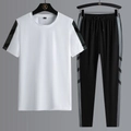 Men's sports set with white short-sleeve T-shirt and black pants featuring side stripes - M / White - T-Shirt And Straight Pants Set