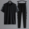 Men's black quick-dry sports set with grey geometric patterned sleeves and long pants - M / Black - T-Shirt And Straight Pants Set